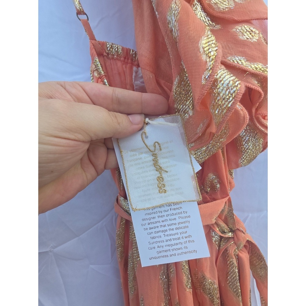 Sundress Orange Gold Metallic Fil Coupe Ruffle Halter Maxi Dress Size Large NWT - Picture 9 of 11